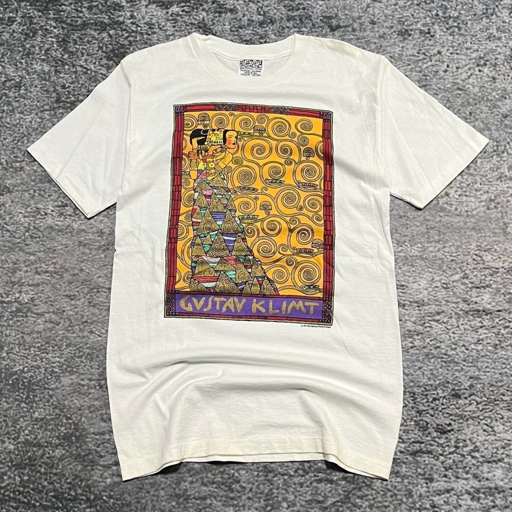 Vintage 90s Gustav Klimt‎ 'Lady With A Fan' T Shirt Medium White Art Made In USA